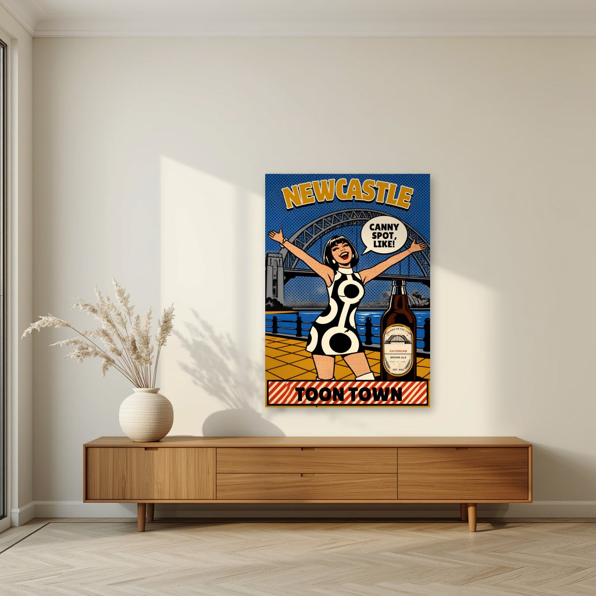 Toon Town Newcastle art print as an unframed print, above a walnut sideboard in a living room