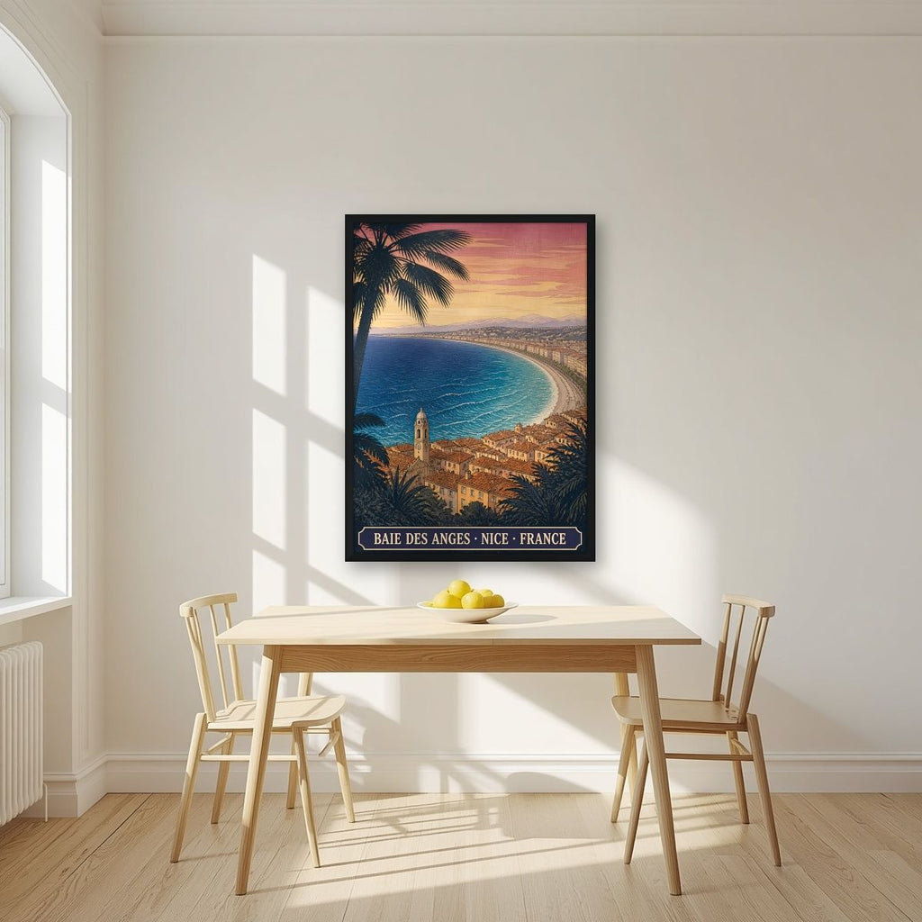 Baie des Anges — Nice art print, in a black frame, styled in a kitchen