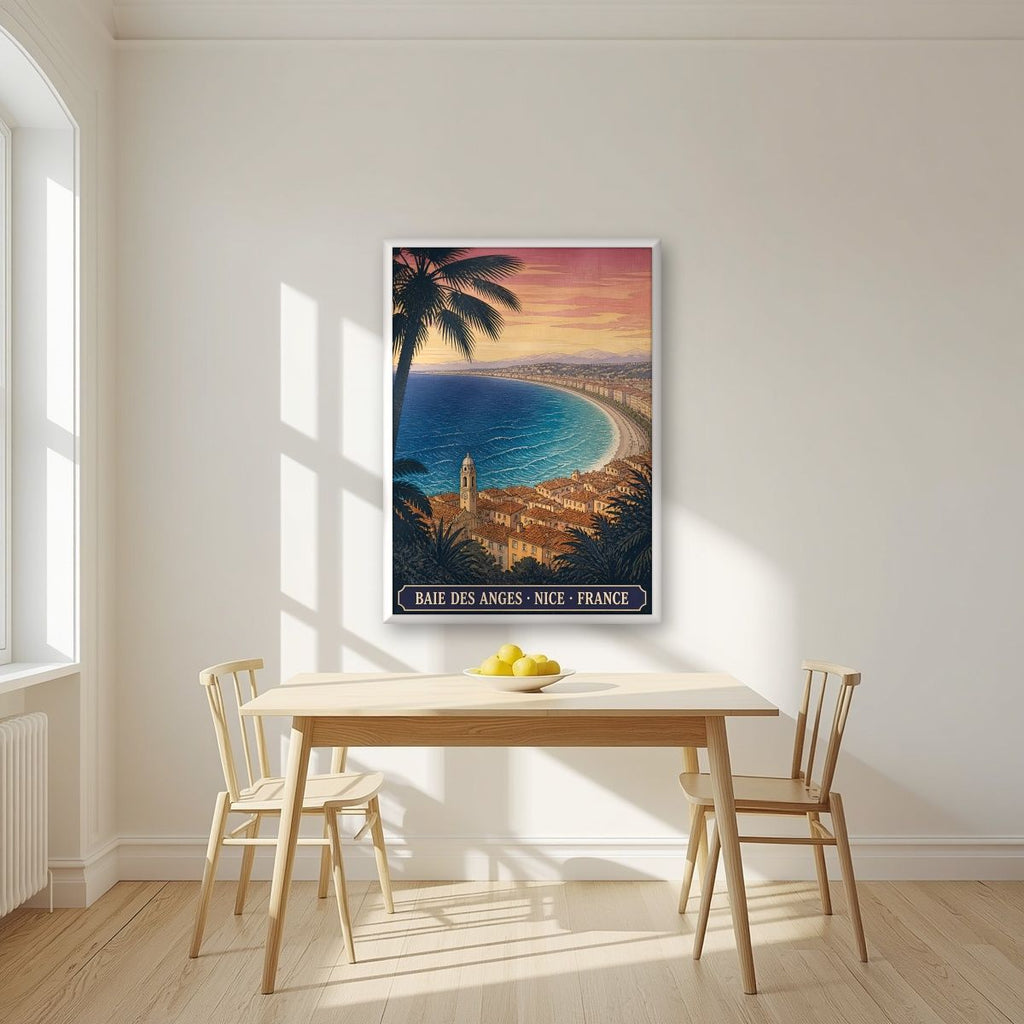 Baie des Anges — Nice art print, in a white frame, styled in a kitchen