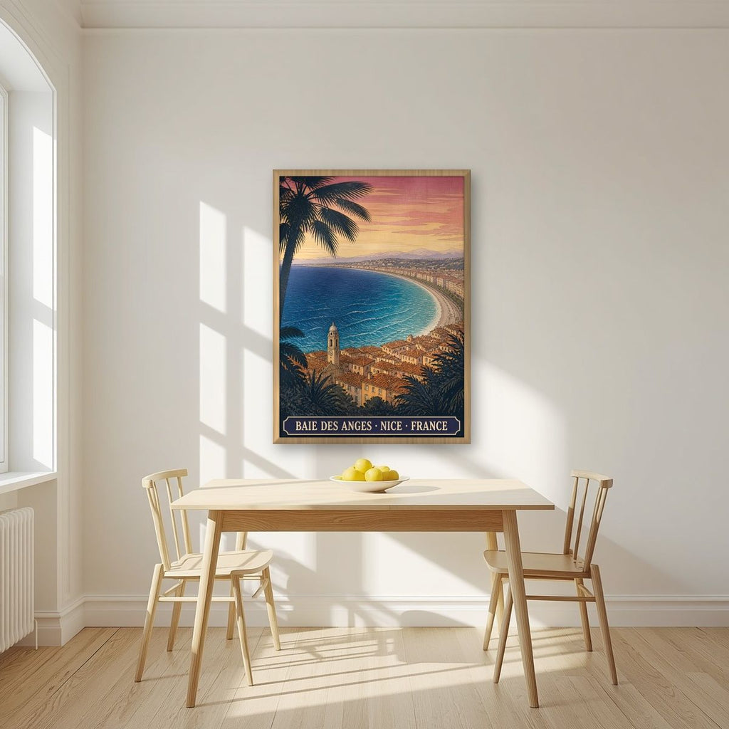 Baie des Anges — Nice art print, in an oak frame, styled in a kitchen