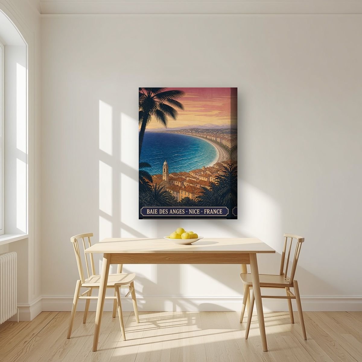 Baie des Anges — Nice art print, on thick canvas, styled in a kitchen