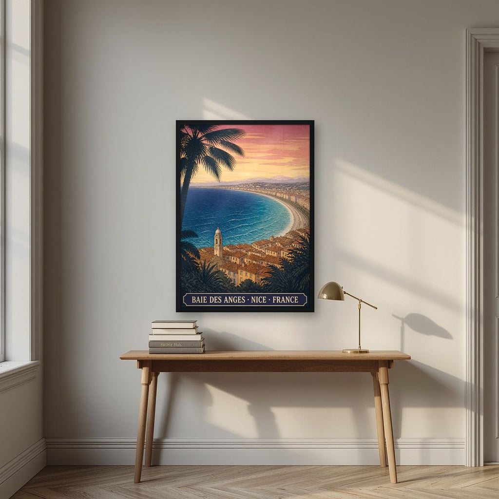 Baie des Anges — Nice art print, in a black frame, styled in a desk