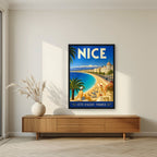Côte d'Azur — Nice art print, in a black frame, styled in a living room