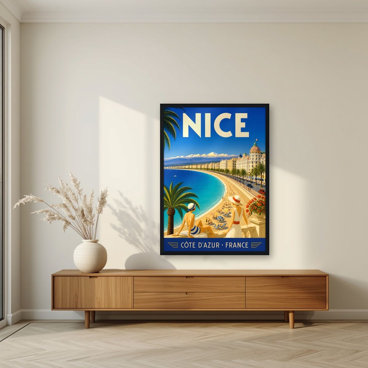 Côte d'Azur — Nice art print, in a black frame, styled in a living room