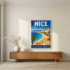 Côte d'Azur — Nice art print, in a white frame, styled in a living room