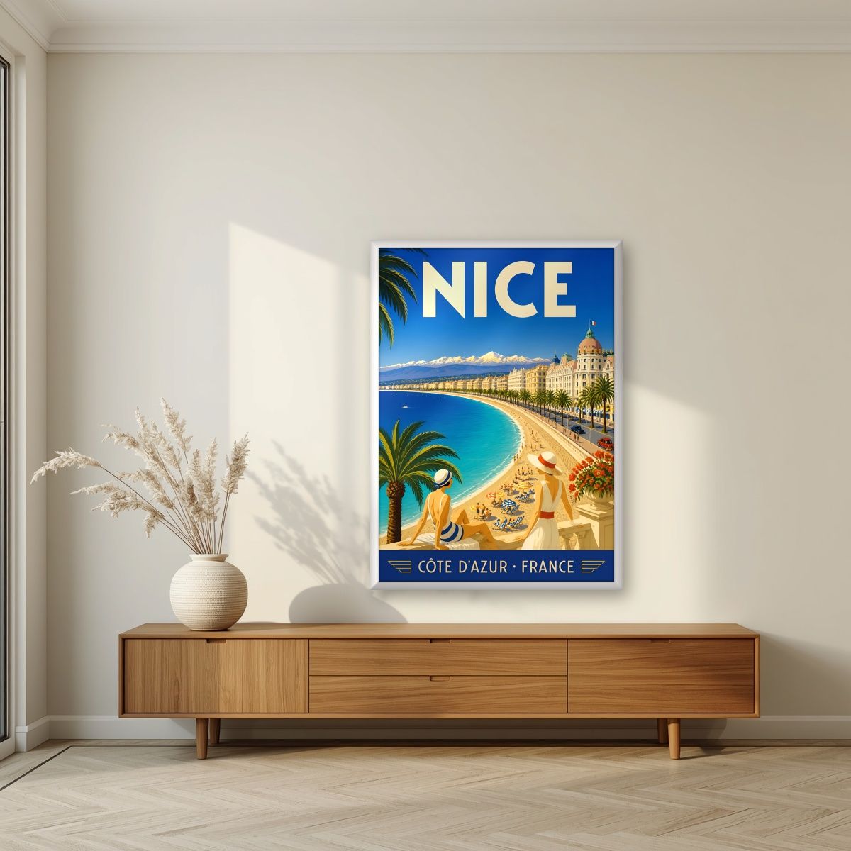 Côte d'Azur — Nice art print, in a white frame, styled in a living room