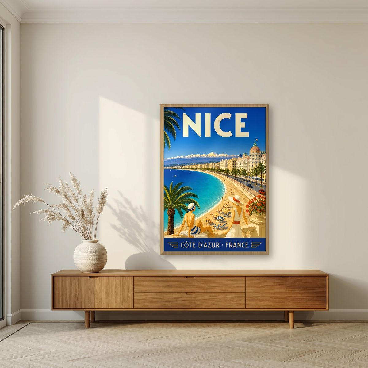 Côte d'Azur — Nice art print, in an oak frame, styled in a living room