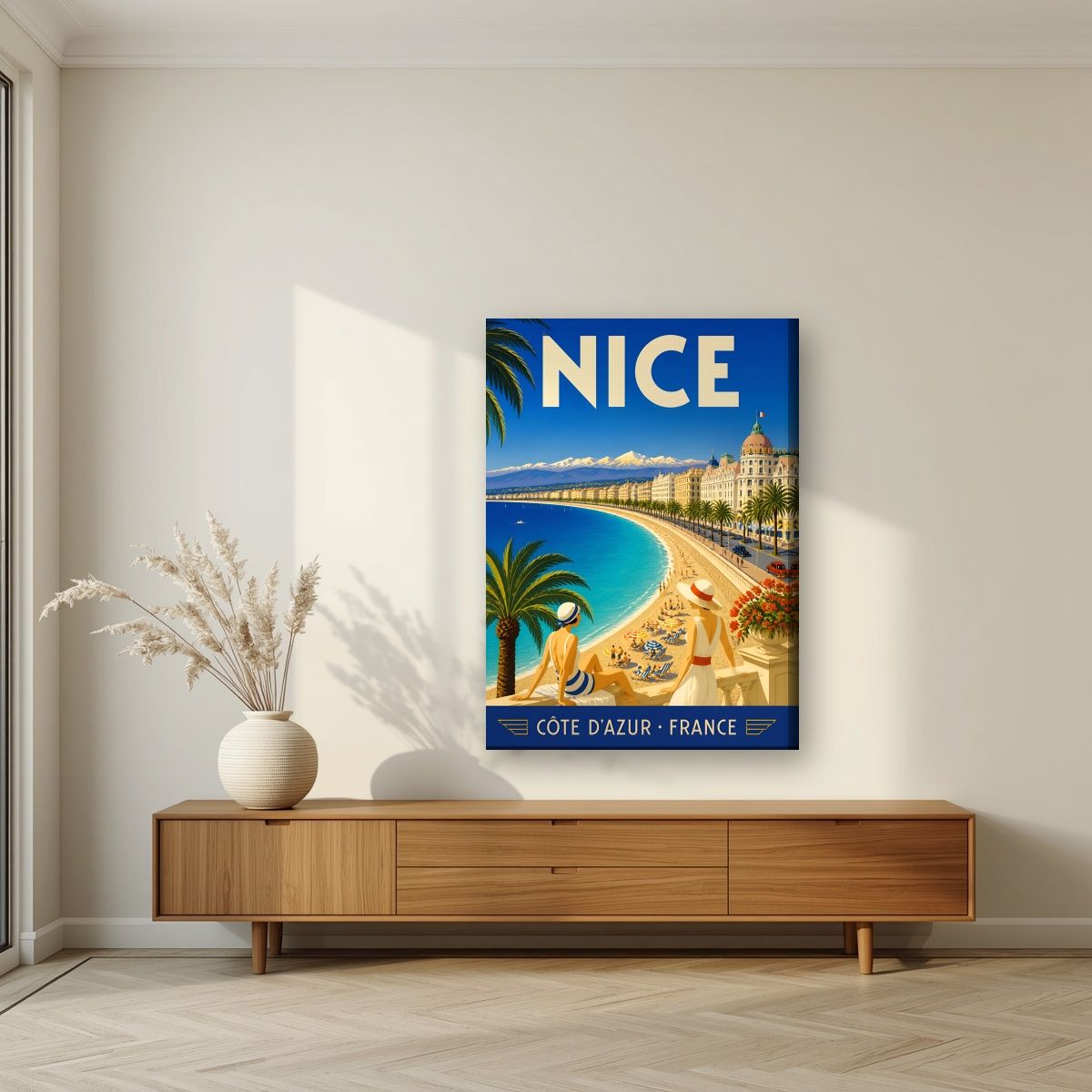 Côte d'Azur — Nice art print, on slim canvas, styled in a living room