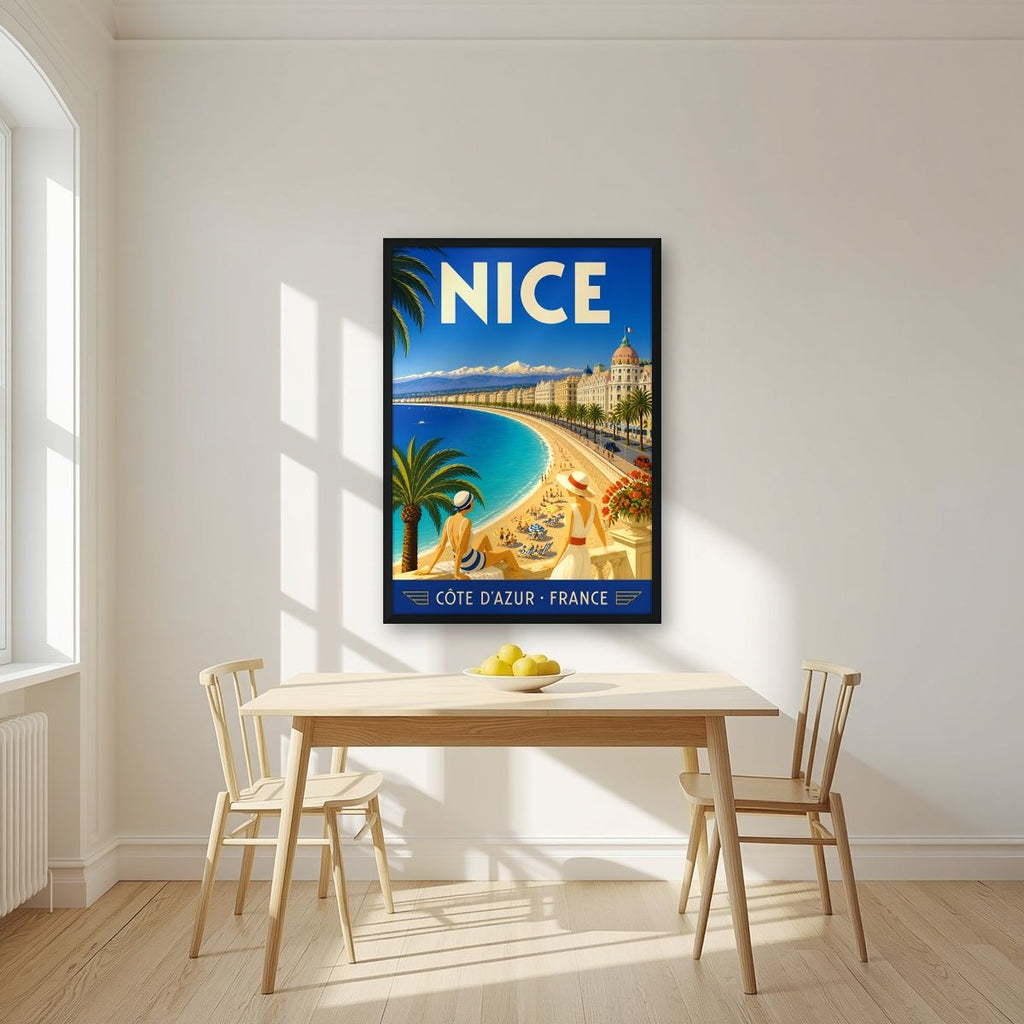 Côte d'Azur — Nice art print, in a black frame, styled in a kitchen