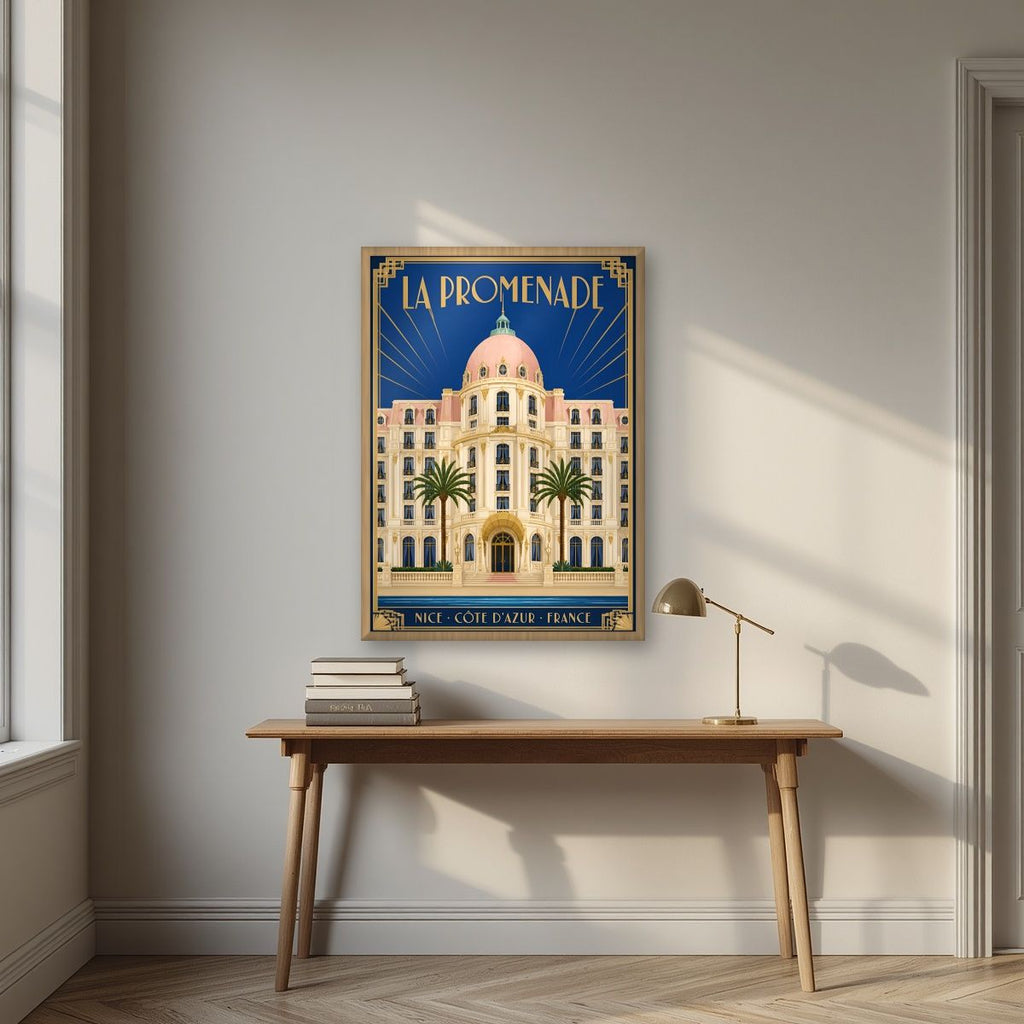 La Promenade — Nice art print, in an oak frame, styled in a desk