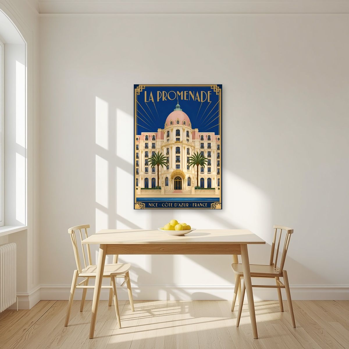 La Promenade — Nice art print, unframed poster, styled in a kitchen