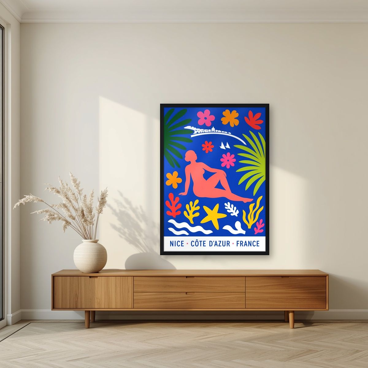 Papiers Découpés — Nice art print, in a black frame, styled in a living room