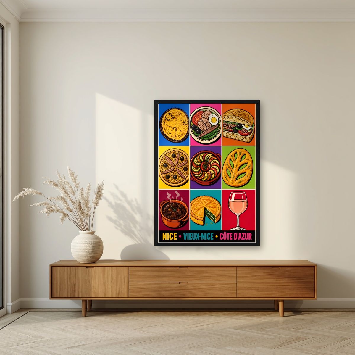 Vieux-Nice — Nice art print, in a black frame, styled in a living room