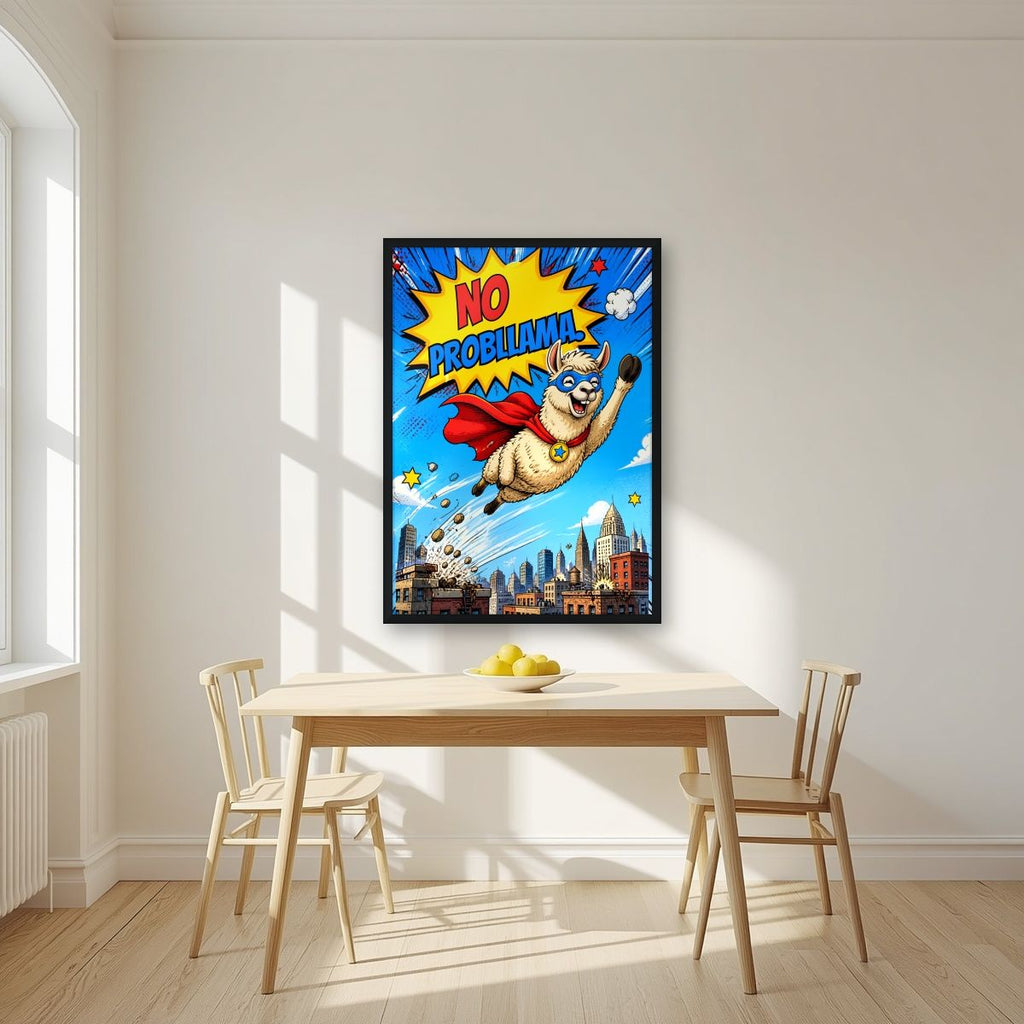 Caped Camelid — No Probllama art print, in a black frame, styled in a kitchen