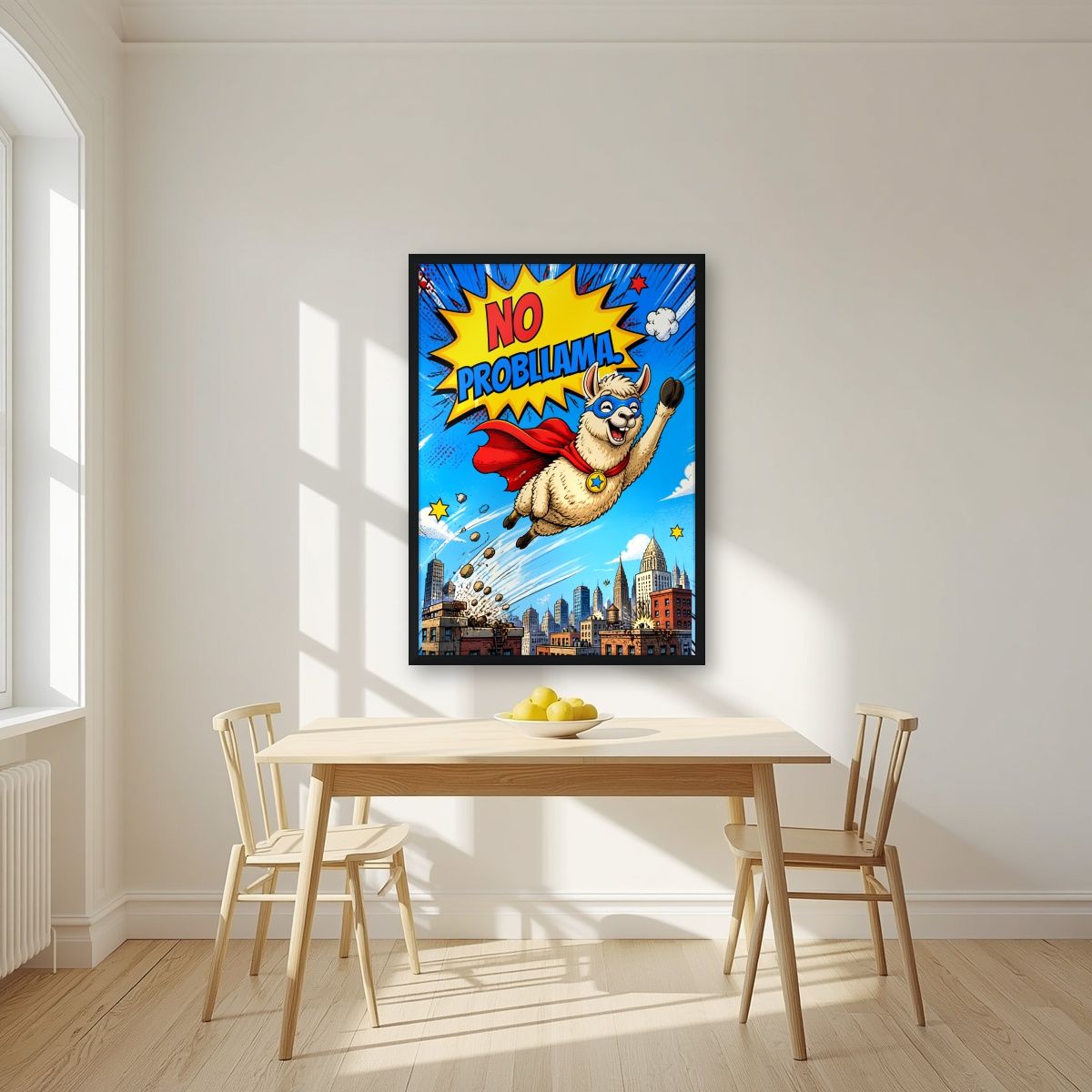 Caped Camelid — No Probllama art print, in a black frame, styled in a kitchen