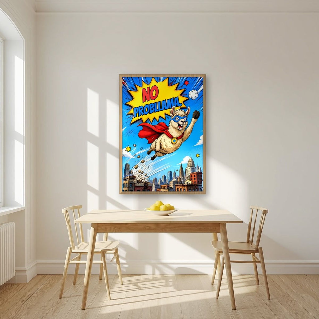 Caped Camelid — No Probllama art print, in an oak frame, styled in a kitchen