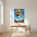 Caped Camelid — No Probllama art print, on slim canvas, styled in a kitchen