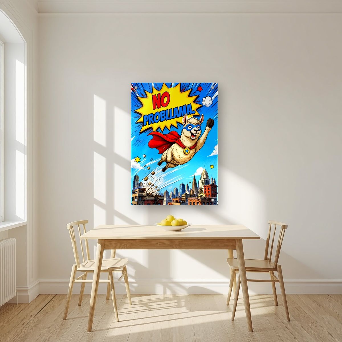 Caped Camelid — No Probllama art print, as an acrylic print, styled in a kitchen