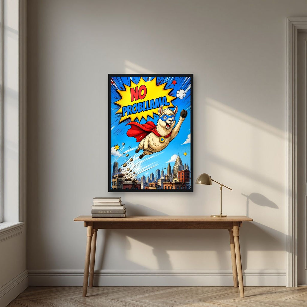 Caped Camelid — No Probllama art print, in a black frame, styled in a desk