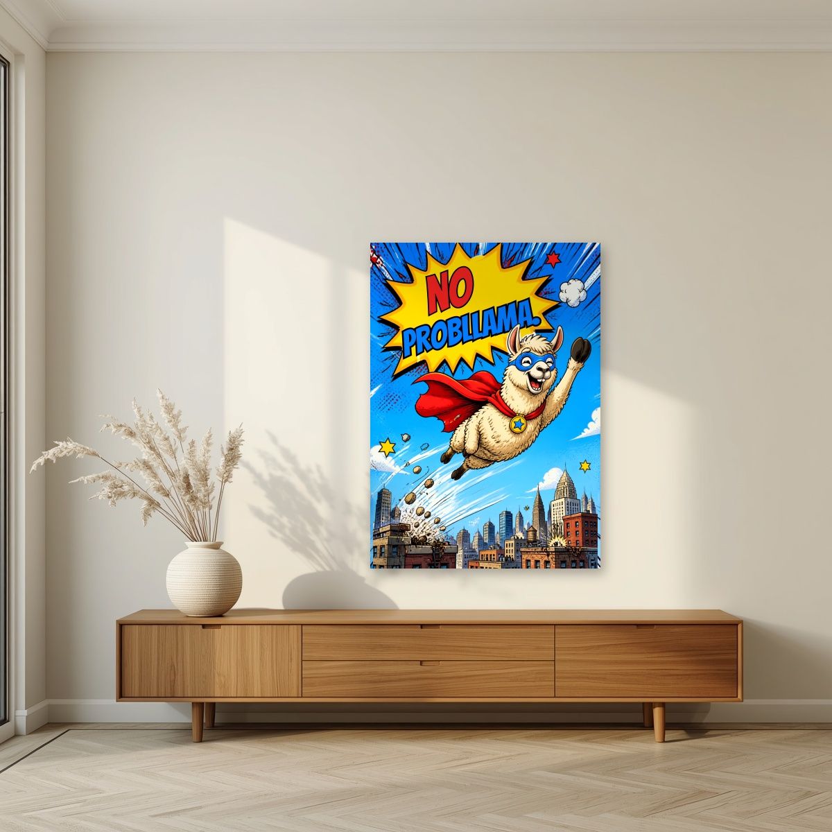 Caped Camelid — No Probllama art print, unframed poster, styled in a living room