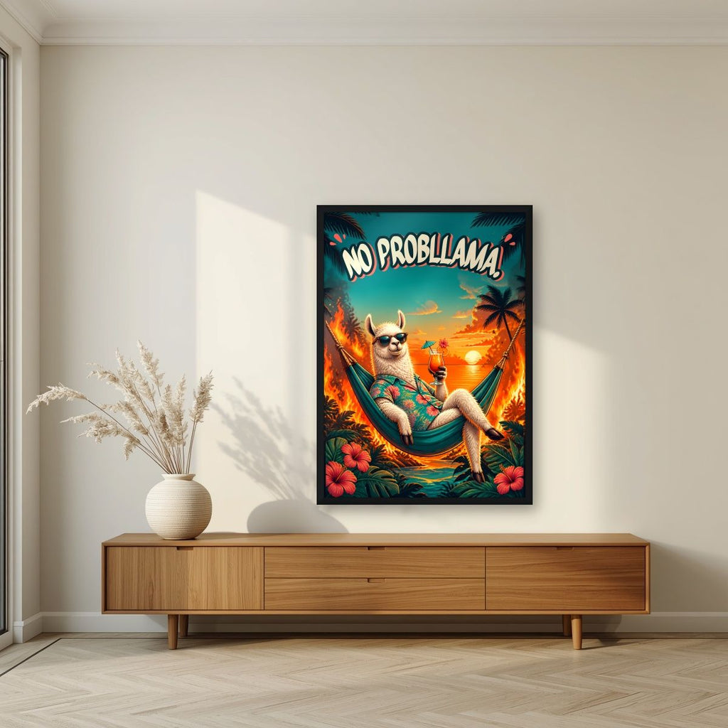 Island Time — No Probllama art print, in a black frame, styled in a living room