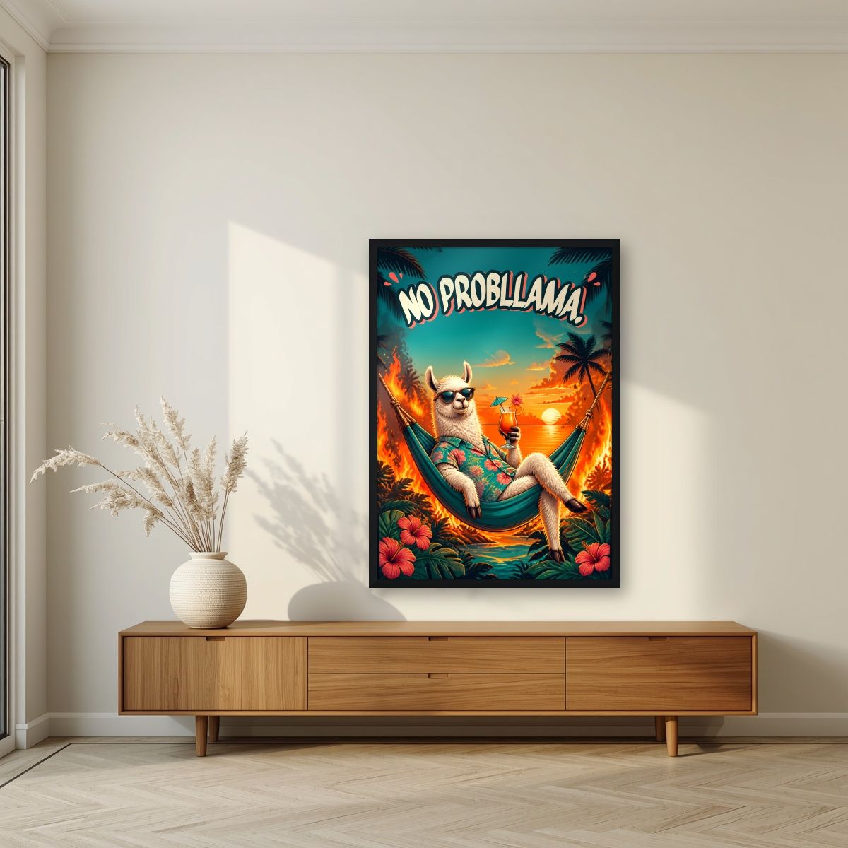 Island Time — No Probllama art print, in a black frame, styled in a living room
