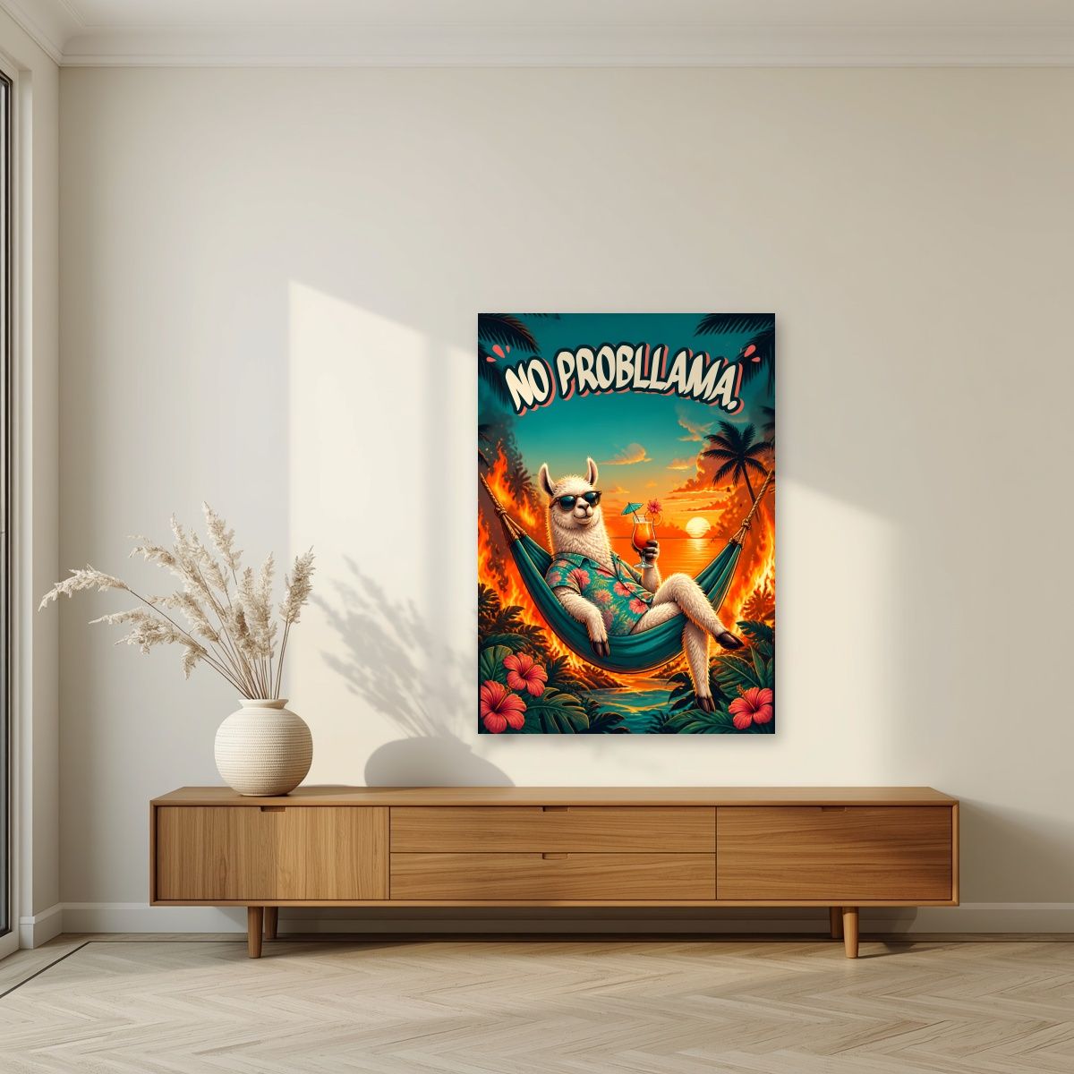 Island Time — No Probllama art print, unframed poster, styled in a living room