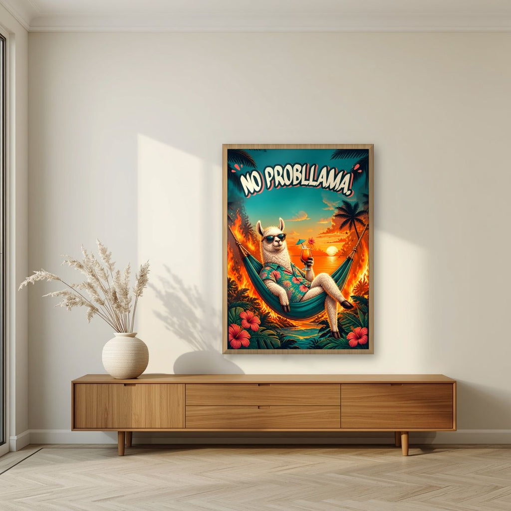 Island Time — No Probllama art print, in an oak frame, styled in a living room