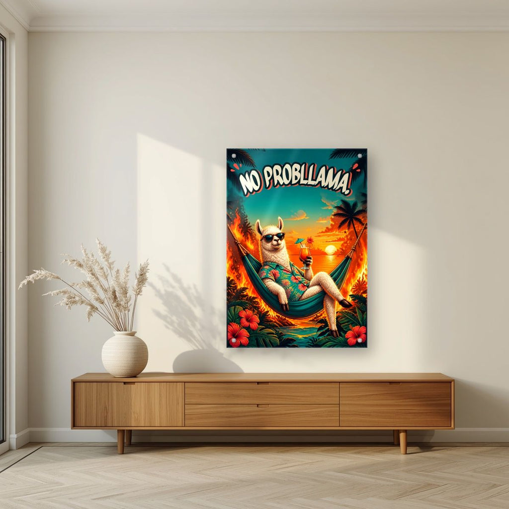 Island Time — No Probllama art print, as an acrylic print, styled in a living room