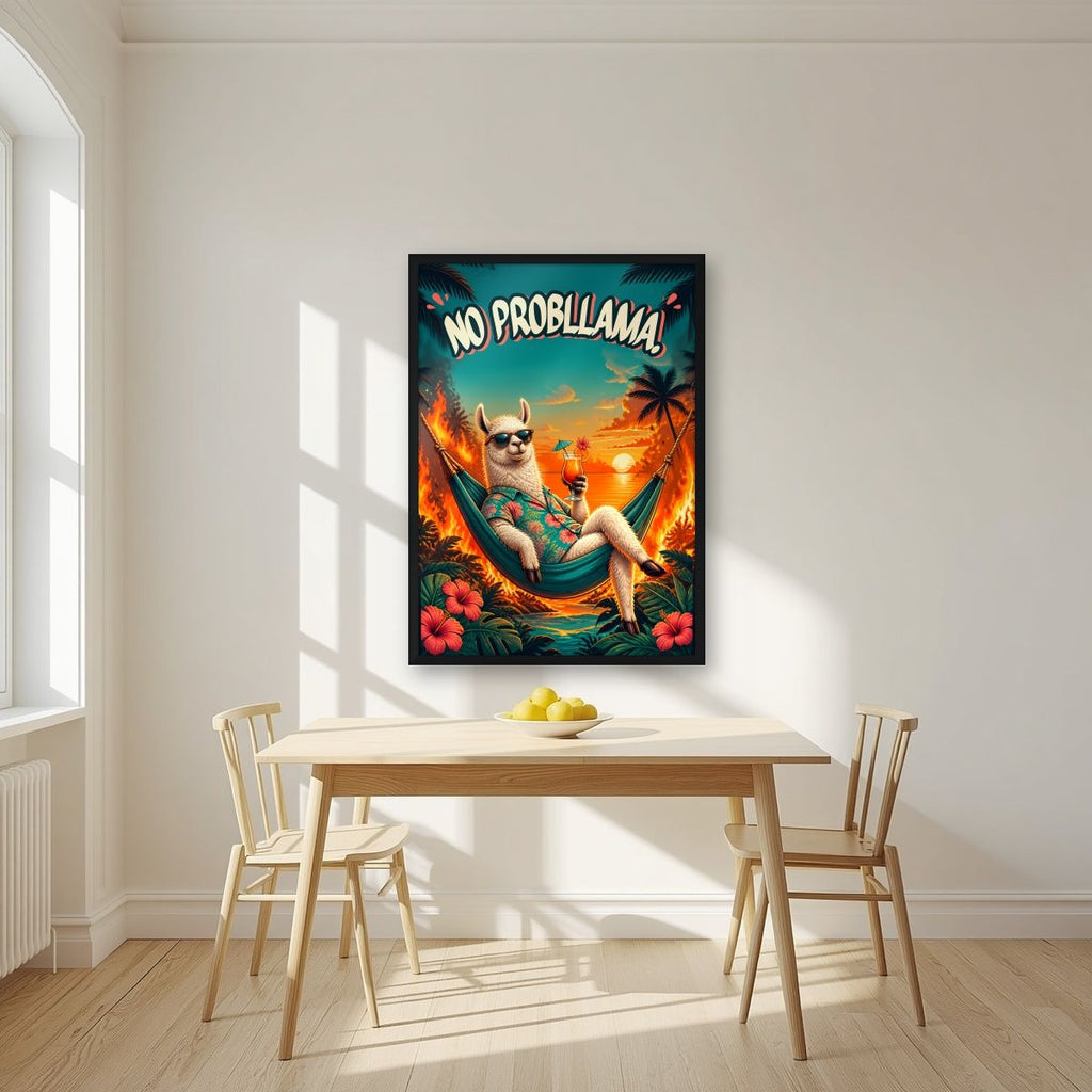 Island Time — No Probllama art print, in a black frame, styled in a kitchen