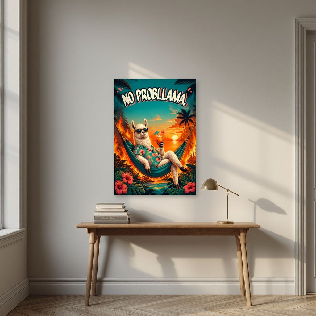 Island Time — No Probllama art print, unframed poster, styled in a desk