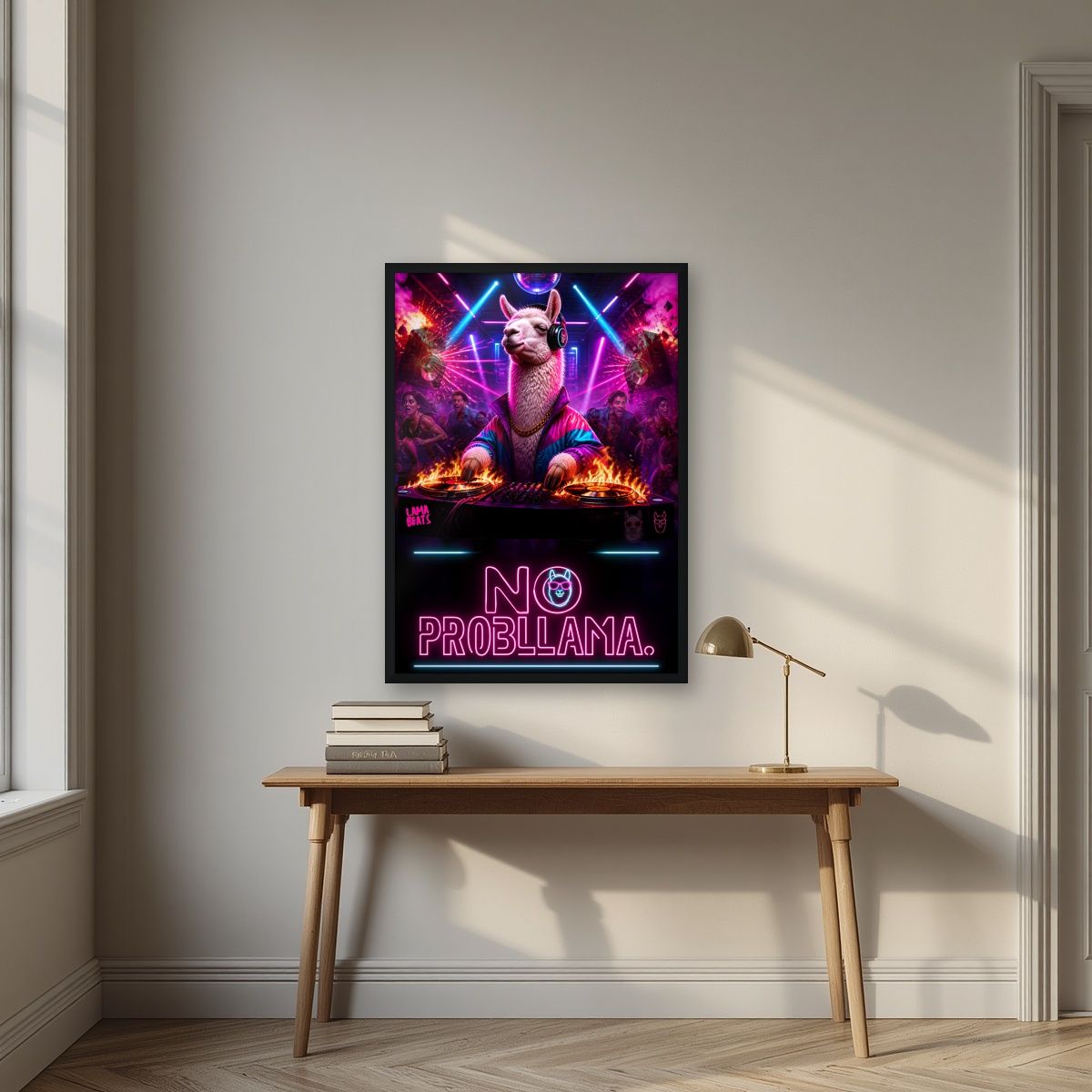 Lama Beats — No Probllama art print, in a black frame, styled in a desk
