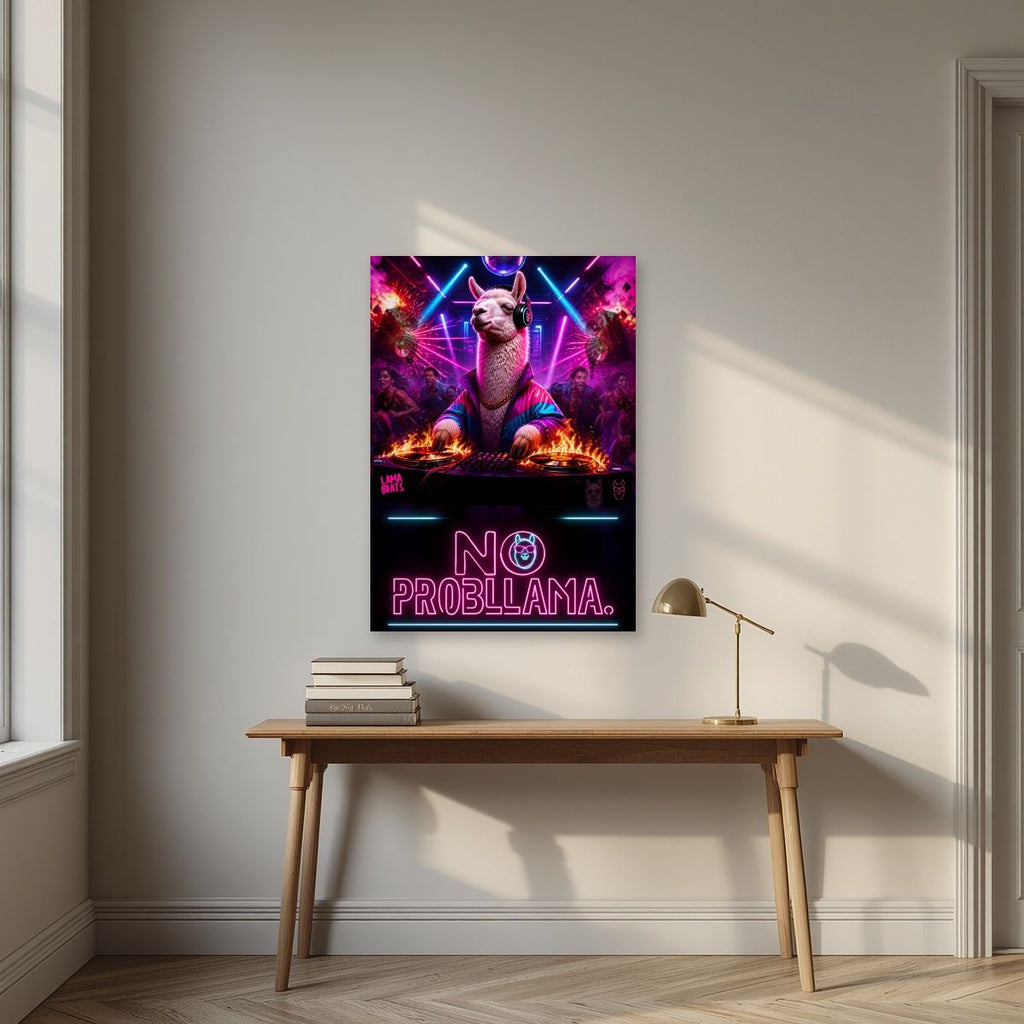 Lama Beats — No Probllama art print, unframed poster, styled in a desk