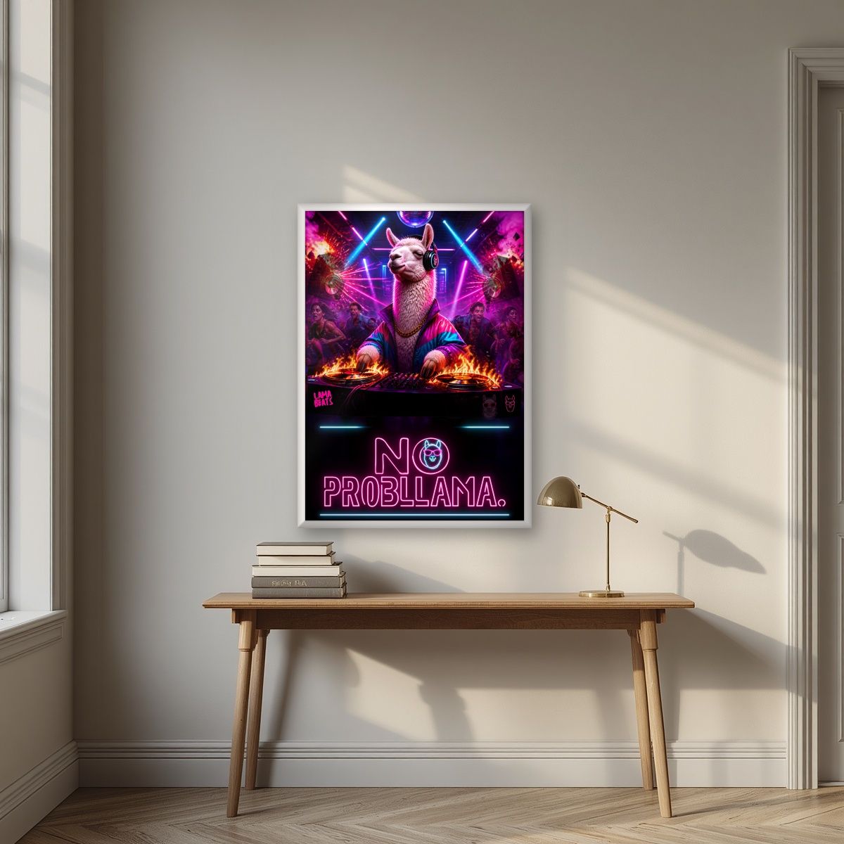 Lama Beats — No Probllama art print, in a white frame, styled in a desk