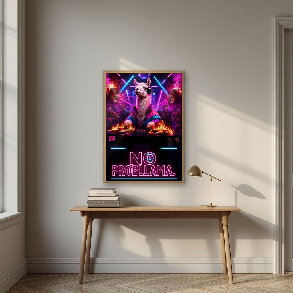 Lama Beats — No Probllama art print, in an oak frame, styled in a desk