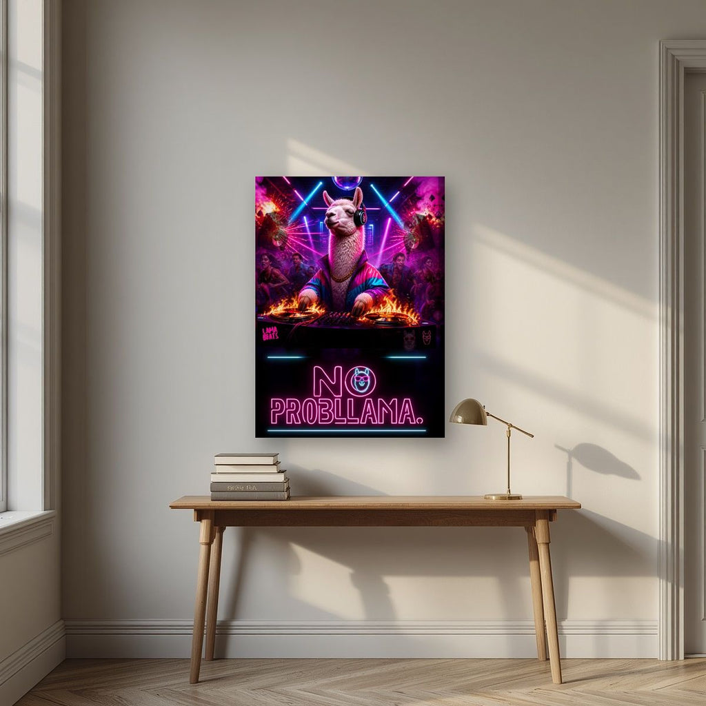 Lama Beats — No Probllama art print, on slim canvas, styled in a desk