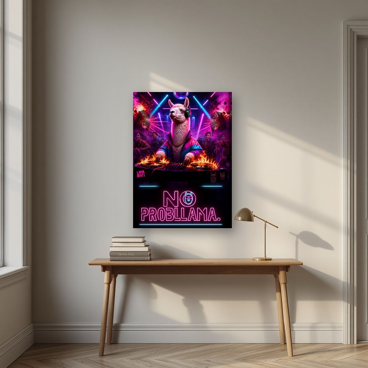 Lama Beats — No Probllama art print, on slim canvas, styled in a desk