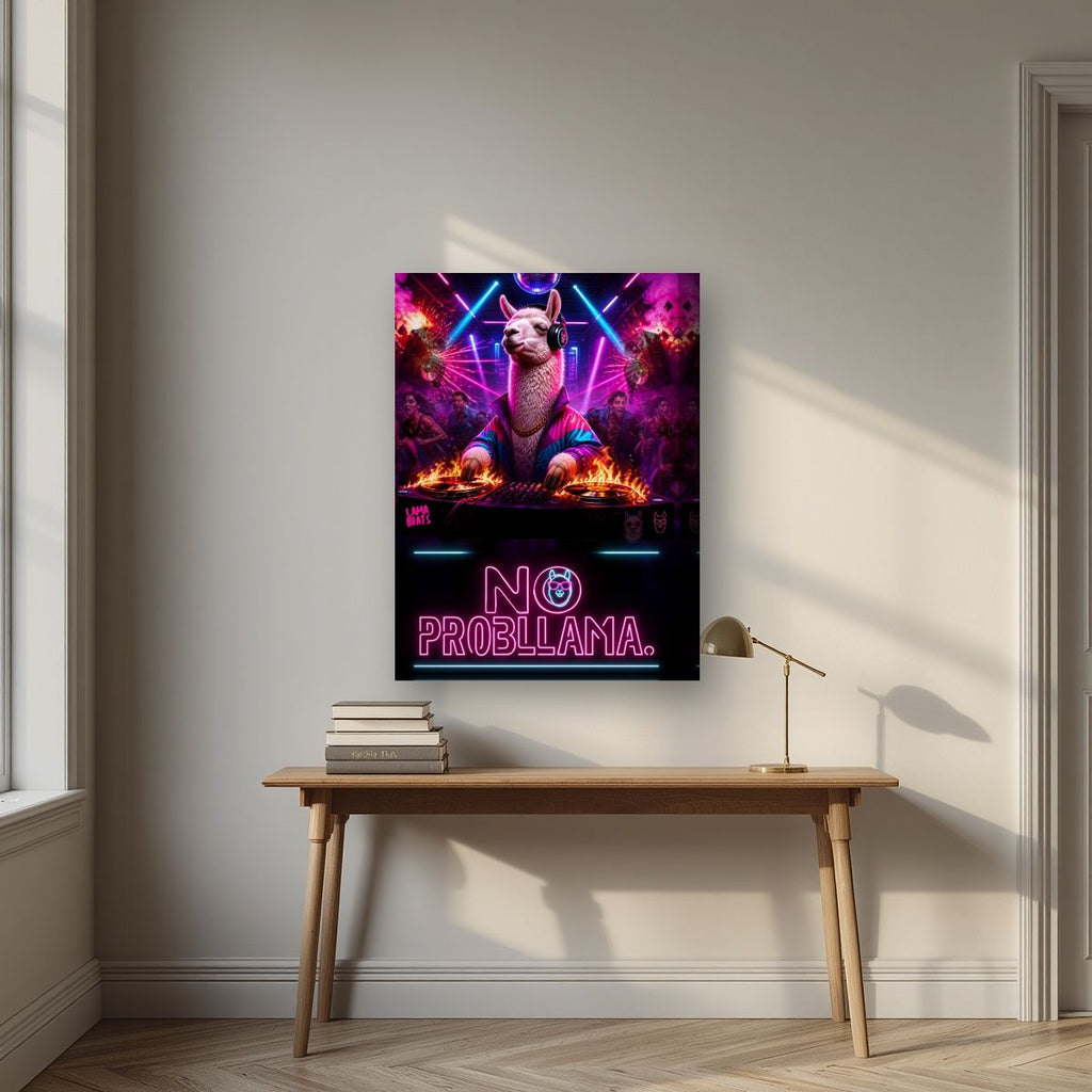 Lama Beats — No Probllama art print, on thick canvas, styled in a desk