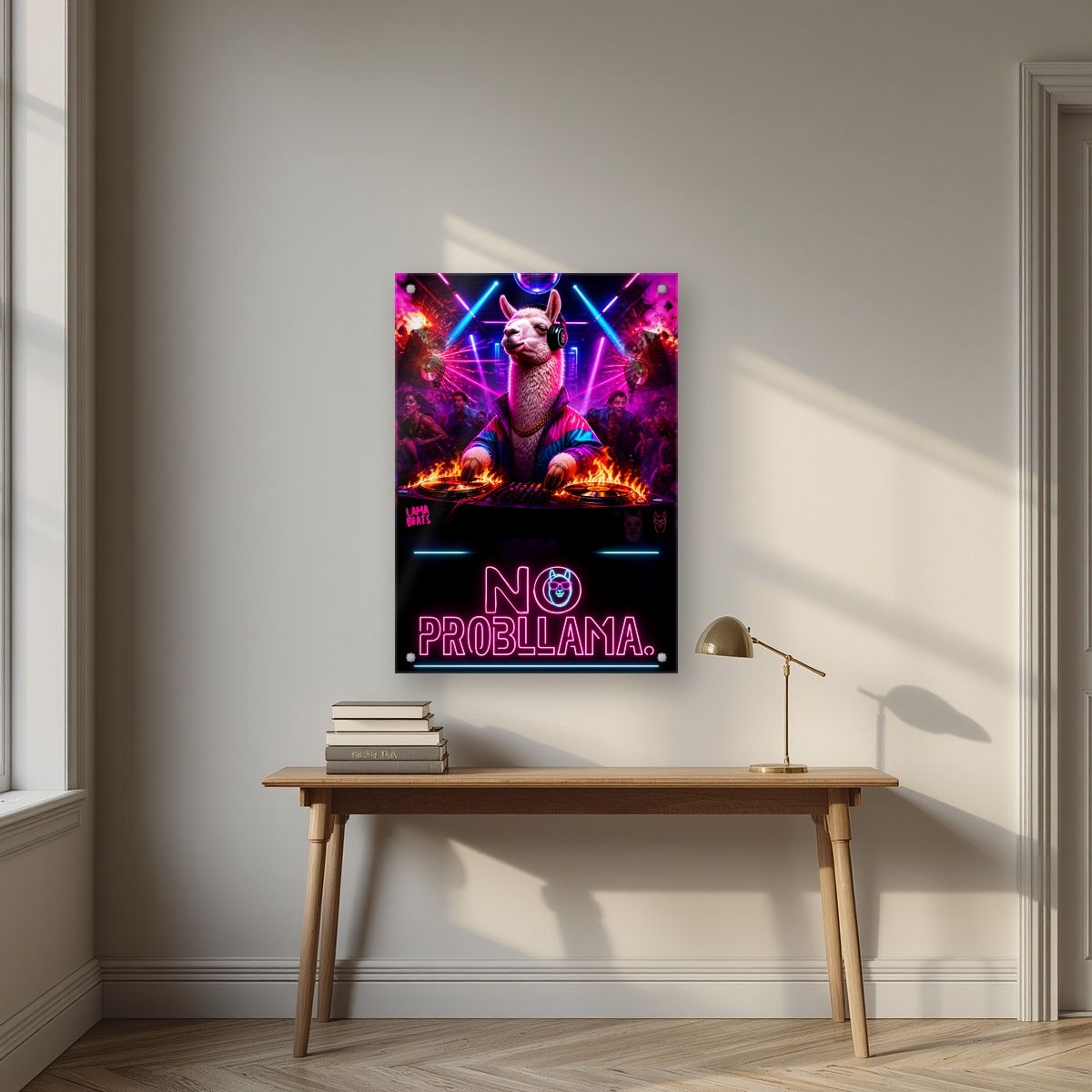 Lama Beats — No Probllama art print, as an acrylic print, styled in a desk