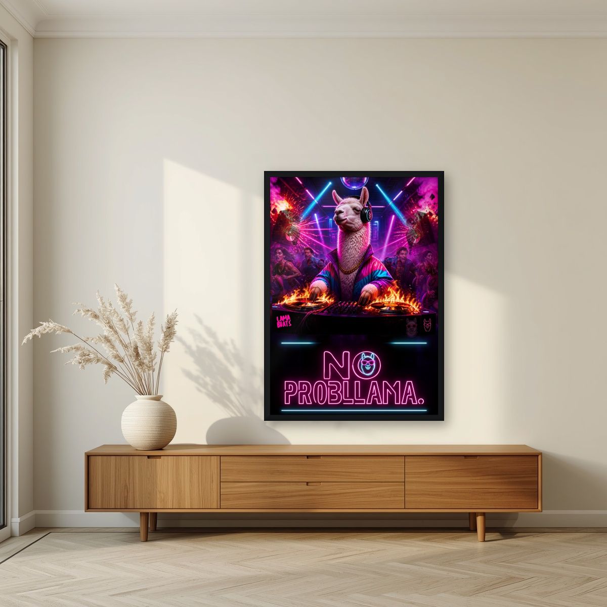 Lama Beats — No Probllama art print, in a black frame, styled in a living room
