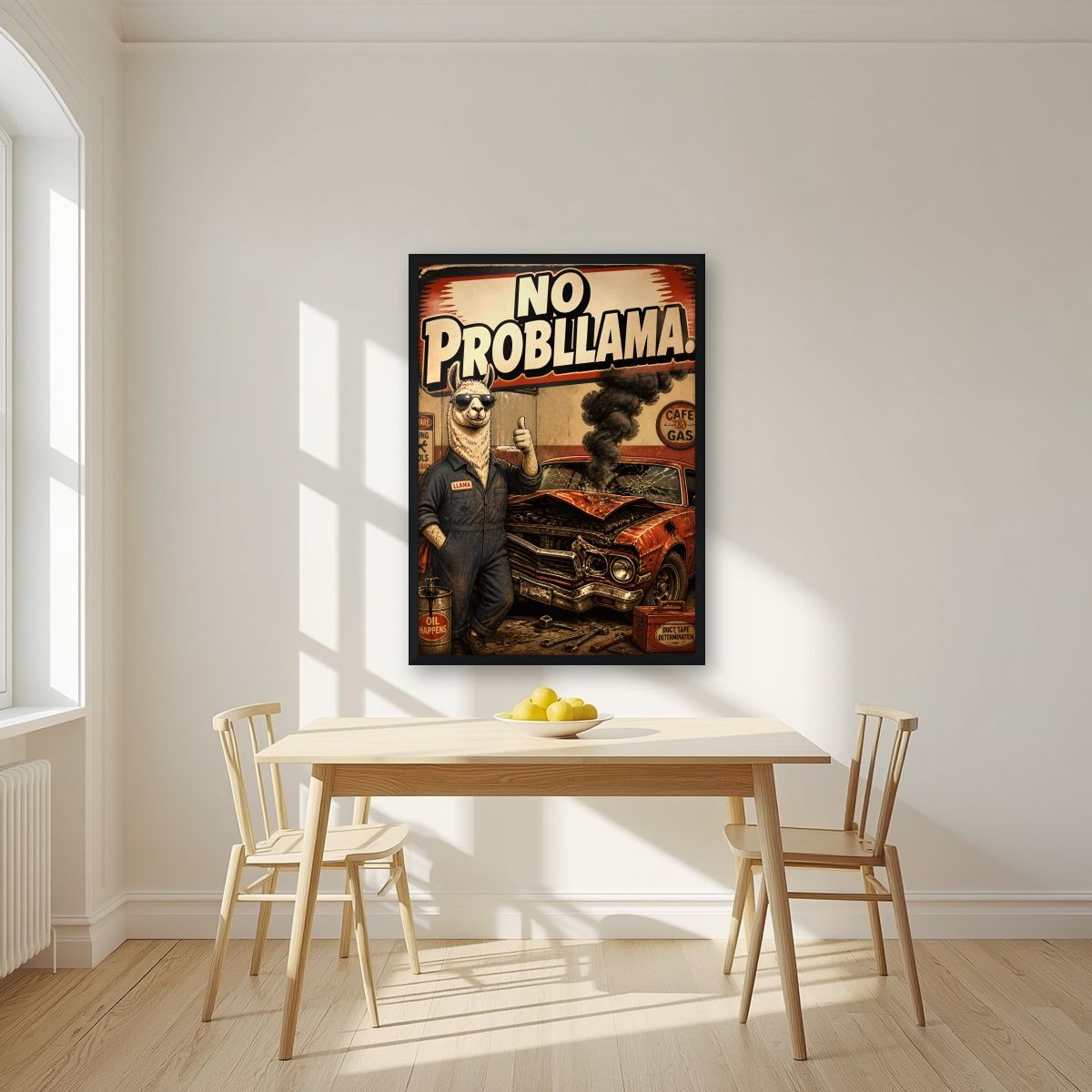 Oil Happens — No Probllama art print, in a black frame, styled in a kitchen