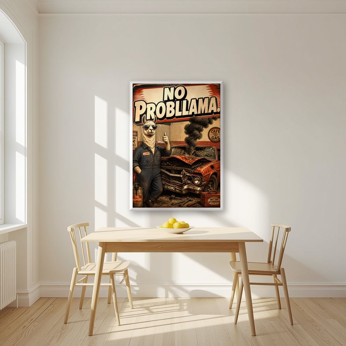 Oil Happens — No Probllama art print, in a white frame, styled in a kitchen
