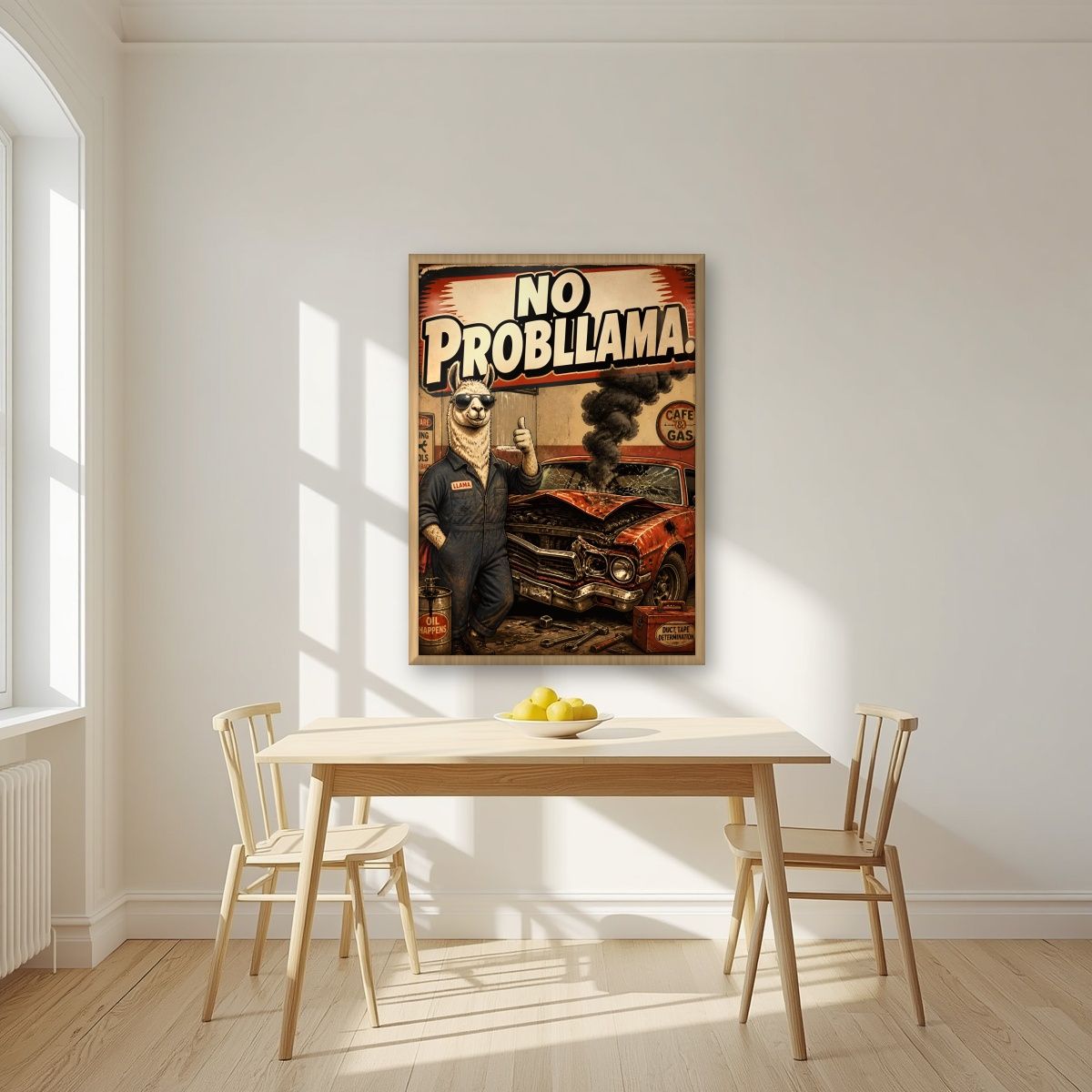 Oil Happens — No Probllama art print, in an oak frame, styled in a kitchen