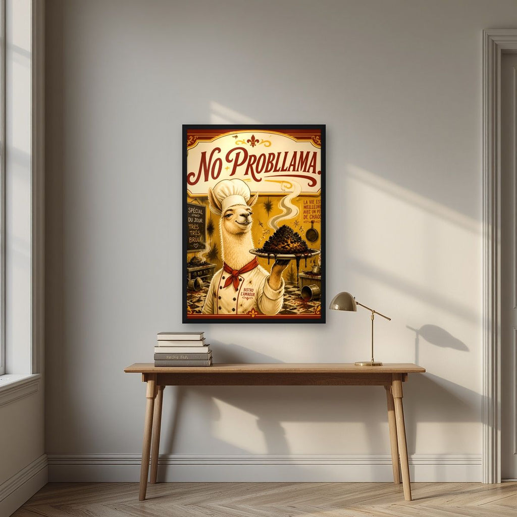 Tres Tres Brule — No Probllama art print, in a black frame, styled in a desk