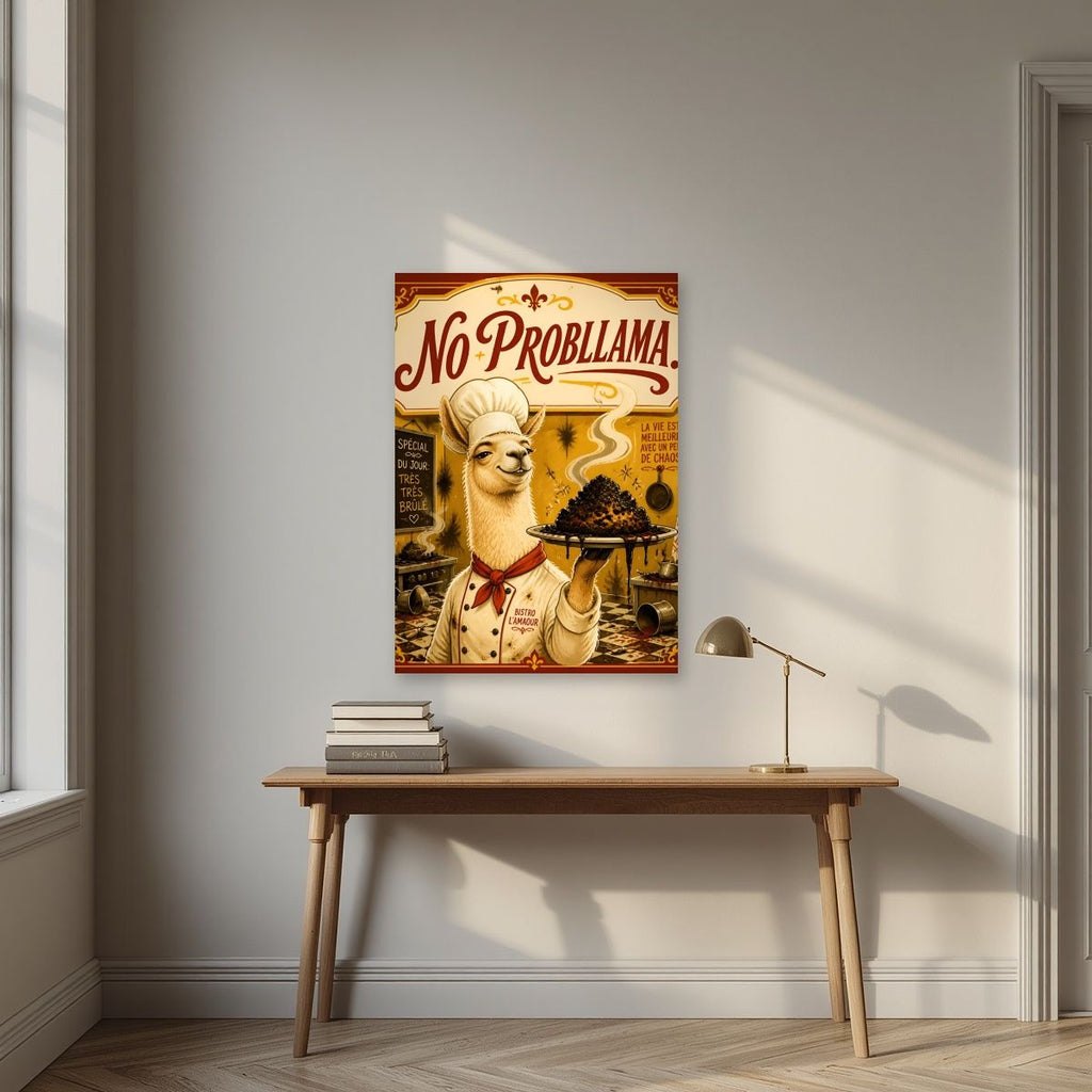 Tres Tres Brule — No Probllama art print, unframed poster, styled in a desk