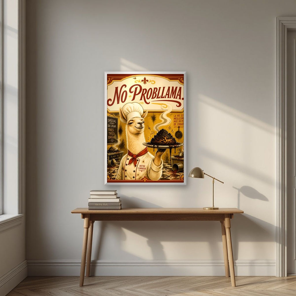 Tres Tres Brule — No Probllama art print, in a white frame, styled in a desk