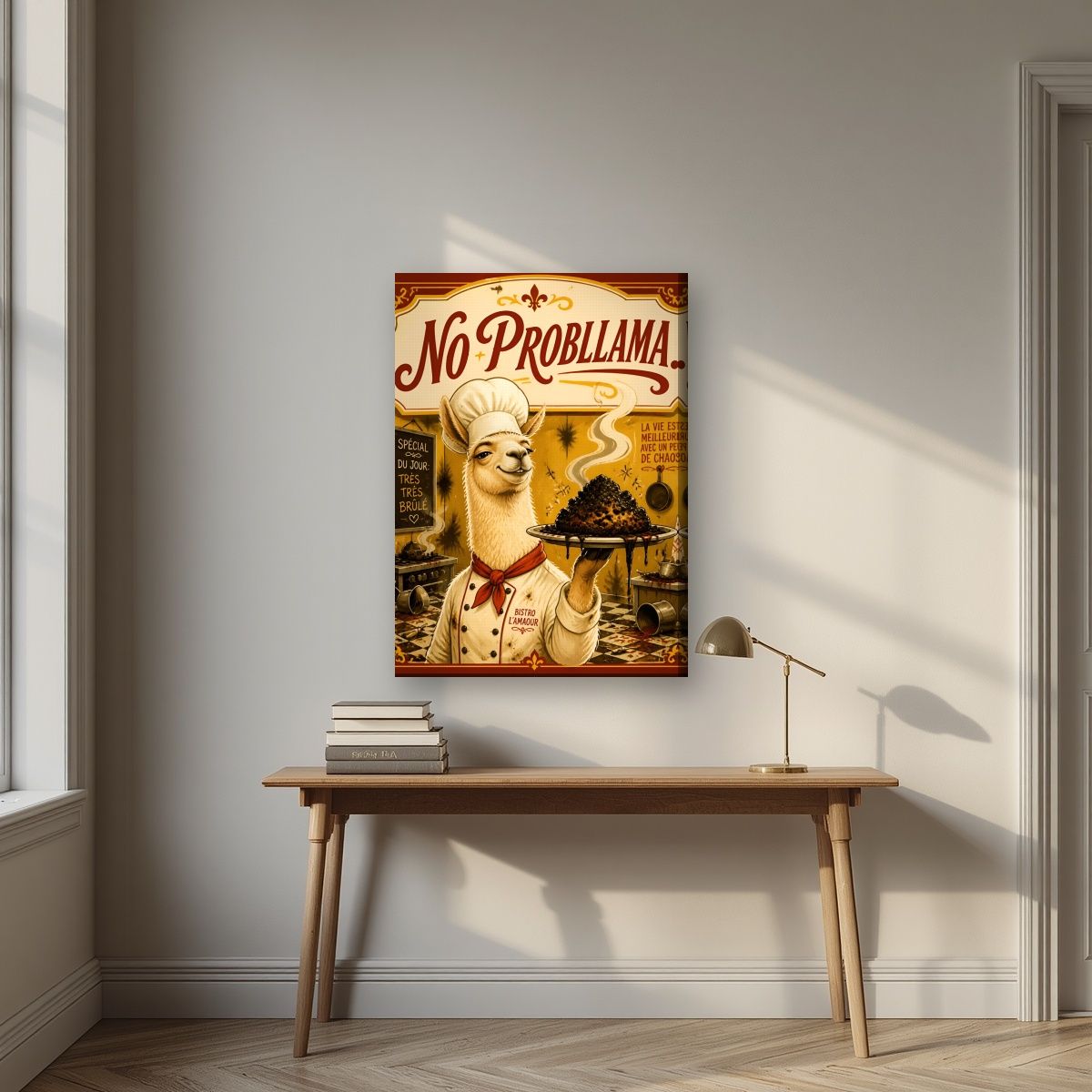 Tres Tres Brule — No Probllama art print, on slim canvas, styled in a desk