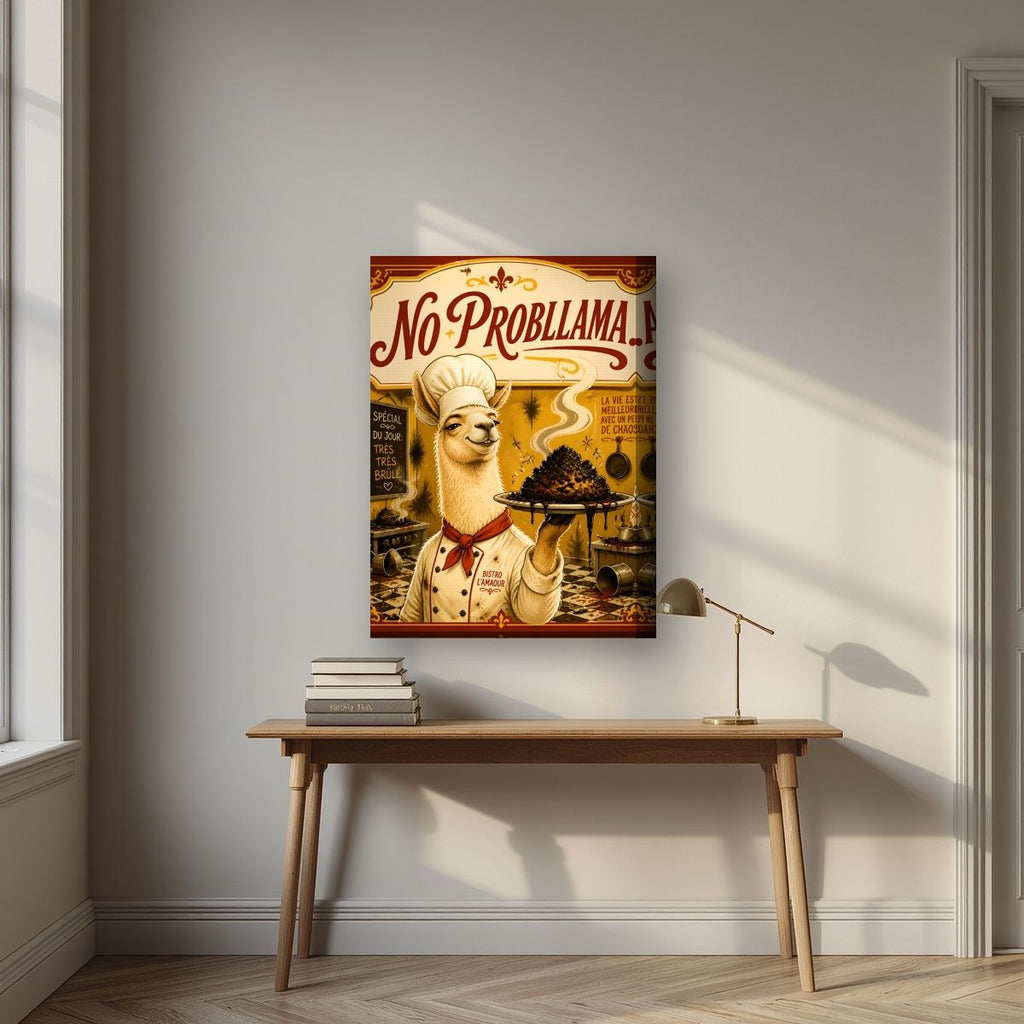Tres Tres Brule — No Probllama art print, on thick canvas, styled in a desk