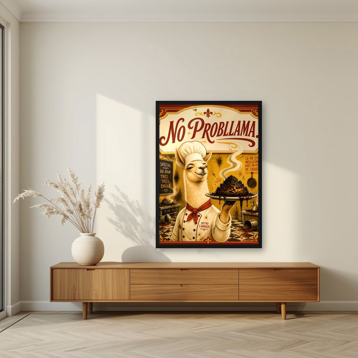 Tres Tres Brule — No Probllama art print, in a black frame, styled in a living room