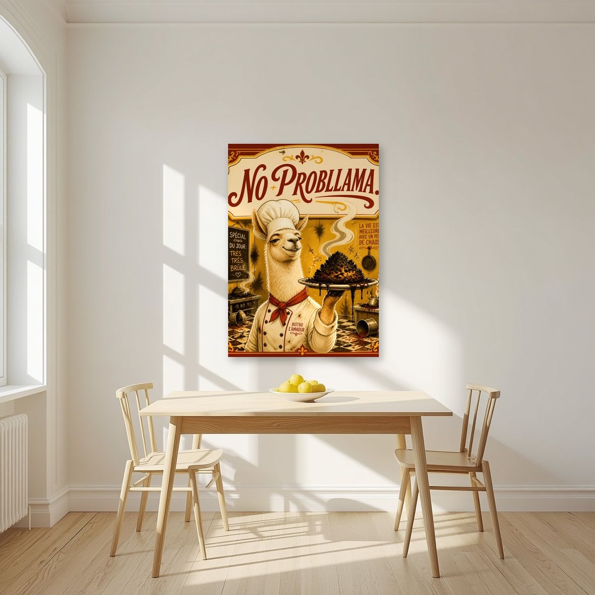 Tres Tres Brule — No Probllama art print, unframed poster, styled in a kitchen